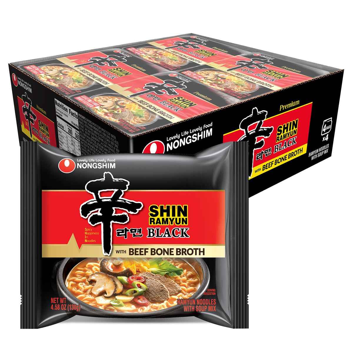 Nongshim Shin Ramyun Black Noodles, Spicy Korean Signature Instant Ramyun, Rich Beef Bone Broth, Pantry Essential Korean Noodles, Quick and Easy, 4.58 oz (Pack of 16)