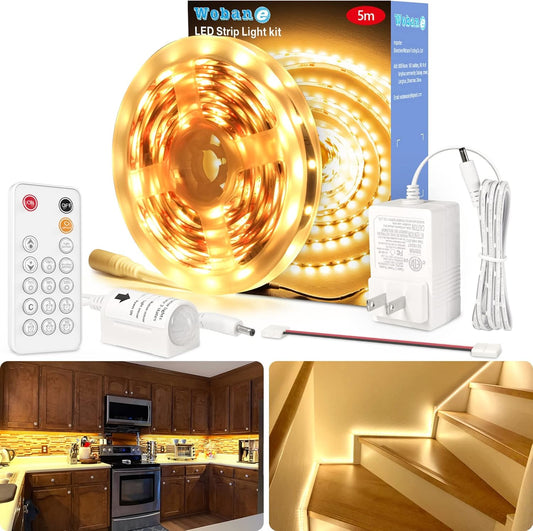 WOBANE_LED_Strip_Lights,_Motion_Sensor_Light_Strip_with_Remote_and_Adapter,_Night_Light,_Dimmable_Function,_16.4ft/32.8f_Tape_Lighting_for_Kitchen,_Under_Cabinet,_Bedroom,_Shelf,_Bed,_Warm_White/White