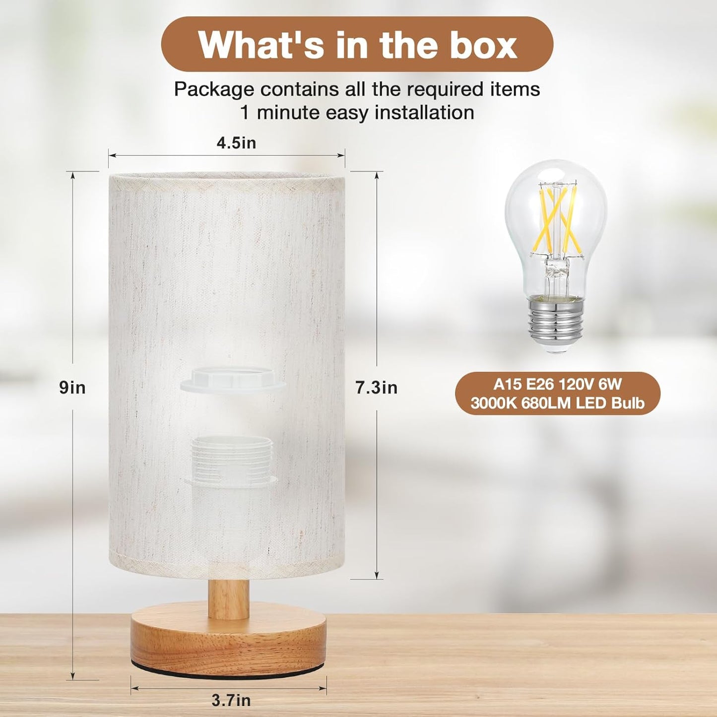 Fenmzee_Small_Table_Lamp_for_Bedroom_-_Inline_Control,_Bedside_Lamp_with_3000K_A15_LED_Blub,_Easy_Assembly_(Cream_Shade_-_Wood_Base,_9"_Inline_Control)