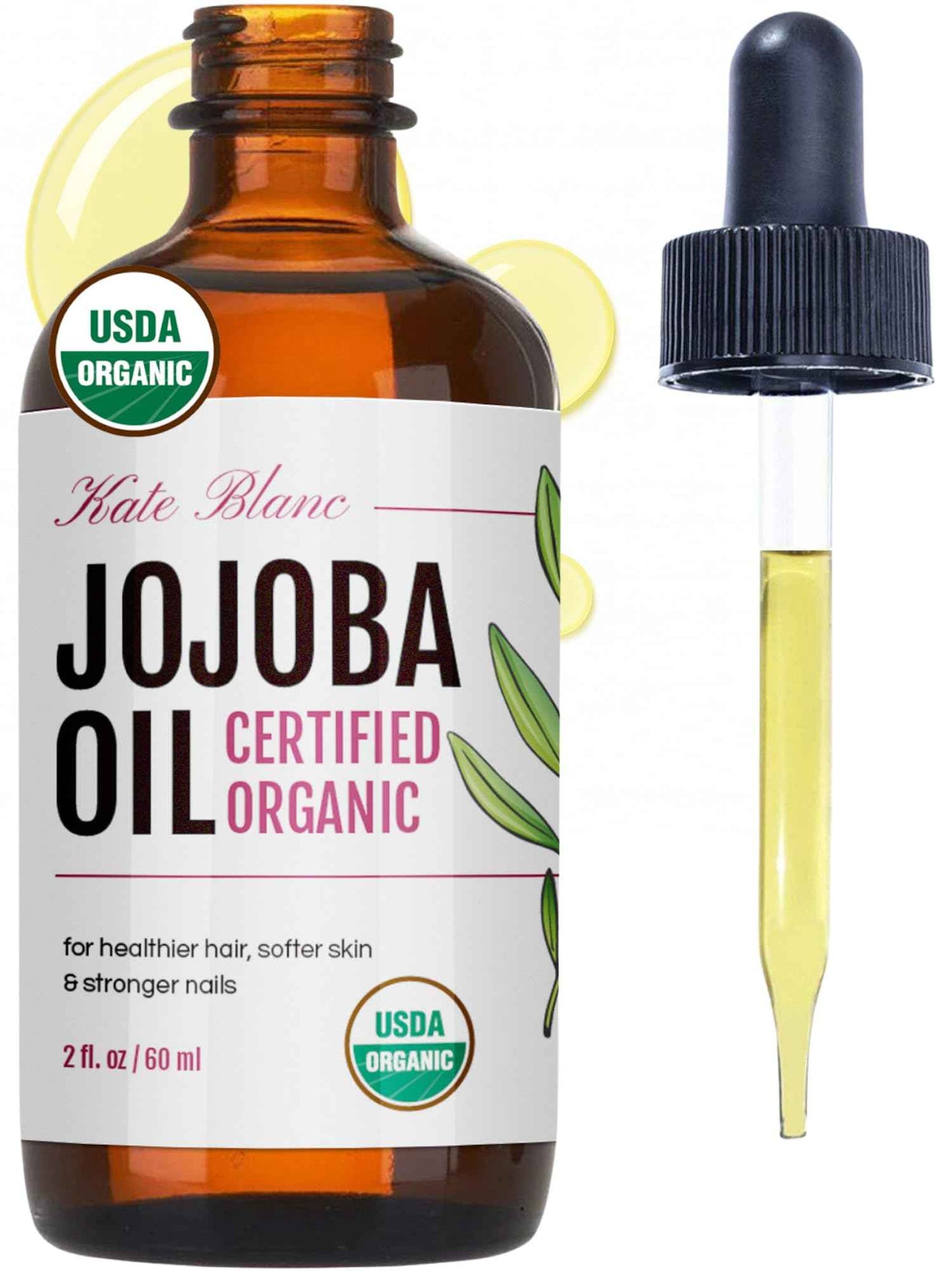 Kate Blanc Cosmetics Jojoba Oil Organic for Hair, Skin & Face (100% Pure, Cold Pressed, Unrefined, Natural, Hexane Free, Glass Bottle)