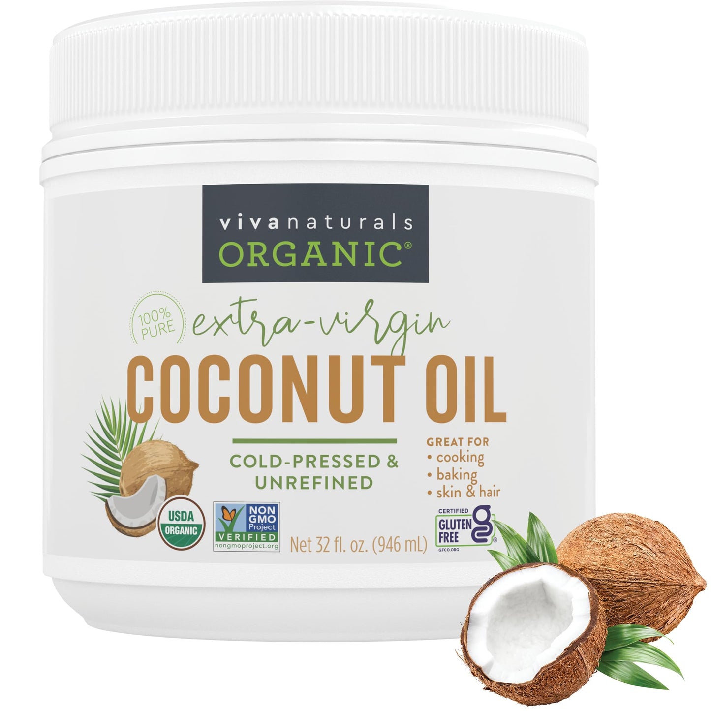 Viva Naturals Organic Coconut Oil, 32 fl oz – Unrefined, Cold-Pressed Extra Virgin Coconut Oil, USDA Organic &amp;amp; Non-GMO, Natural Cooking Oil, Hair Oil &amp;amp; Skin Oil