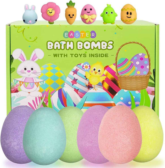 Jofan 6 Pack Easter Bubble Bath Bombs with Easter Squishy Toys Inside for Kids Girls Boys Easter Basket Stuffers Gifts