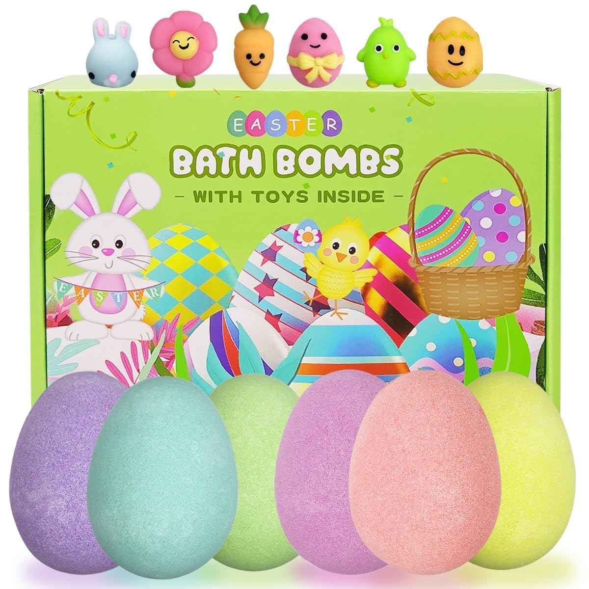 Jofan 6 Pack Easter Bubble Bath Bombs with Easter Squishy Toys Inside for Kids Girls Boys Easter Basket Stuffers Gifts