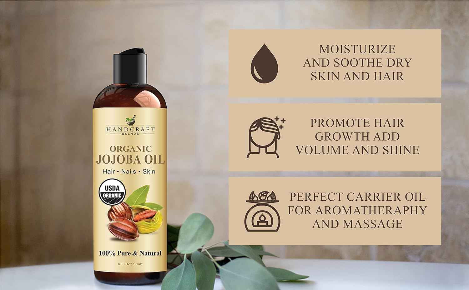 Handcraft Blends USDA Organic Jojoba Oil | Cold-Pressed | 100% Pure & Natural | for Hair, Skin & Face | Premium Grade Carrier Oil | for Massage & Aromatherapy | Hexane-Free