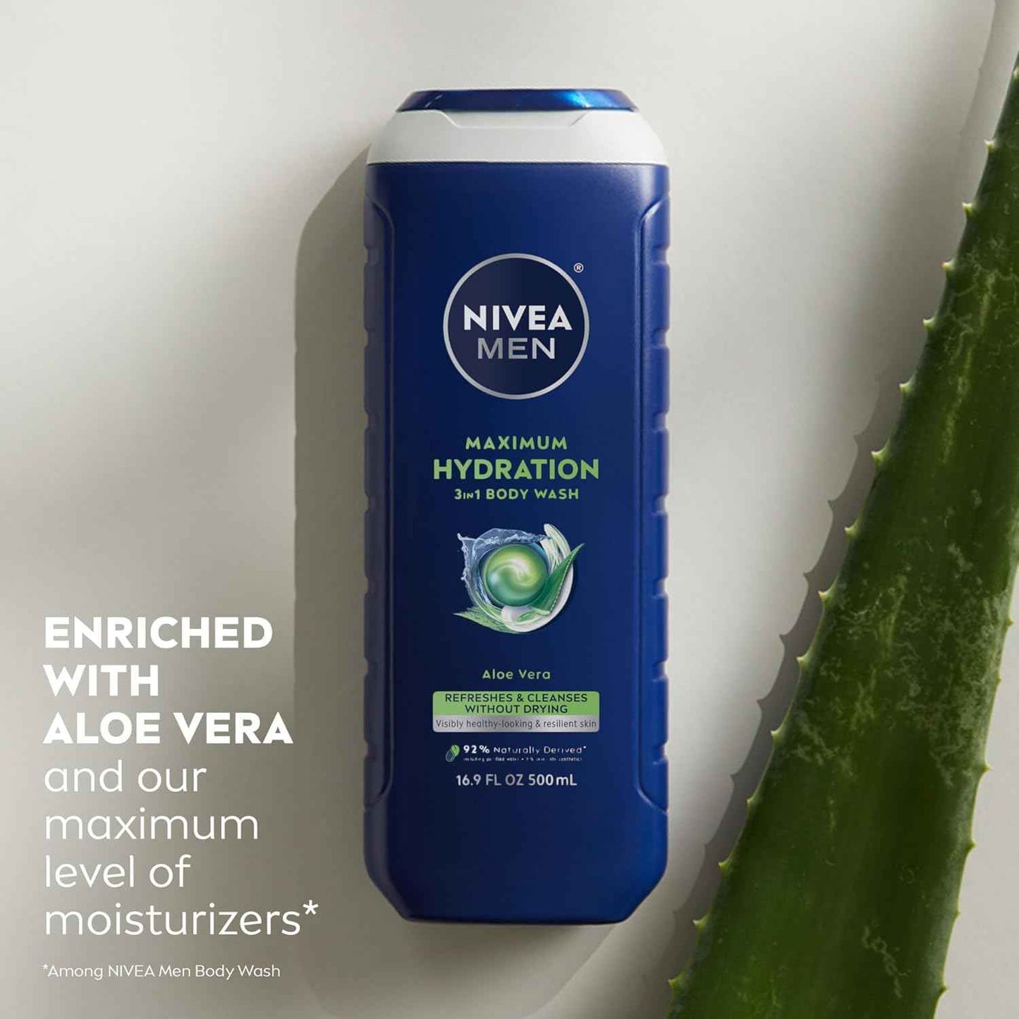 NIVEA MEN Maximum Hydration Body Wash for Dry Skin, Aloe Vera Enriched, 3-in-1 Moisturizing Body Wash, Face and Hair, Paraben Free, Vegan Formula