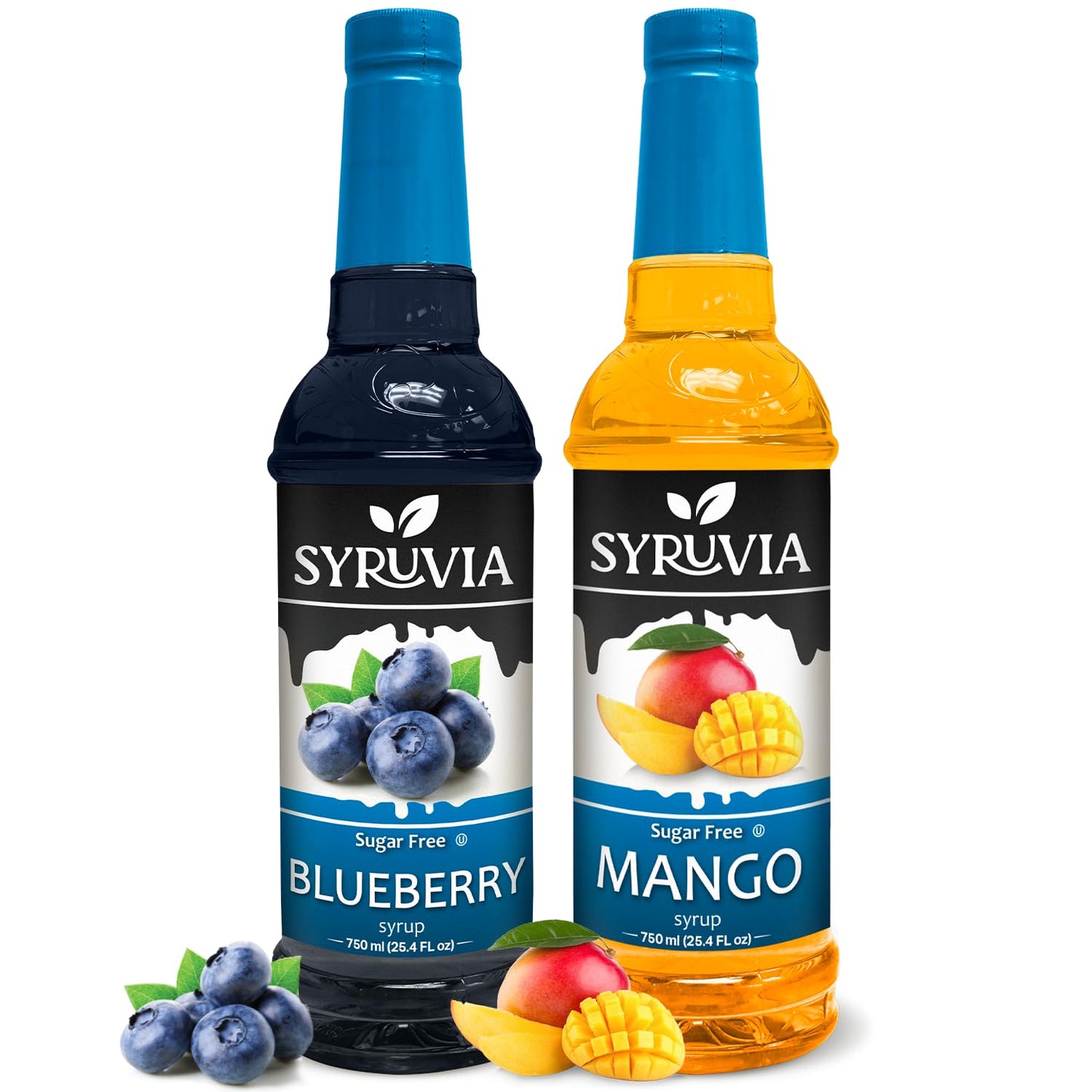 Syruvia Sugar-Free Fruit Flavors Variety Pack Blueberry &amp;amp; Mango Syrup - 0 Calorie - for Tea, Italian Sodas, Beverages, Desserts, Ice Cream, Cocktails &amp;amp; Mocktails, Kosher, 25.4 fl oz. (2-Pack)