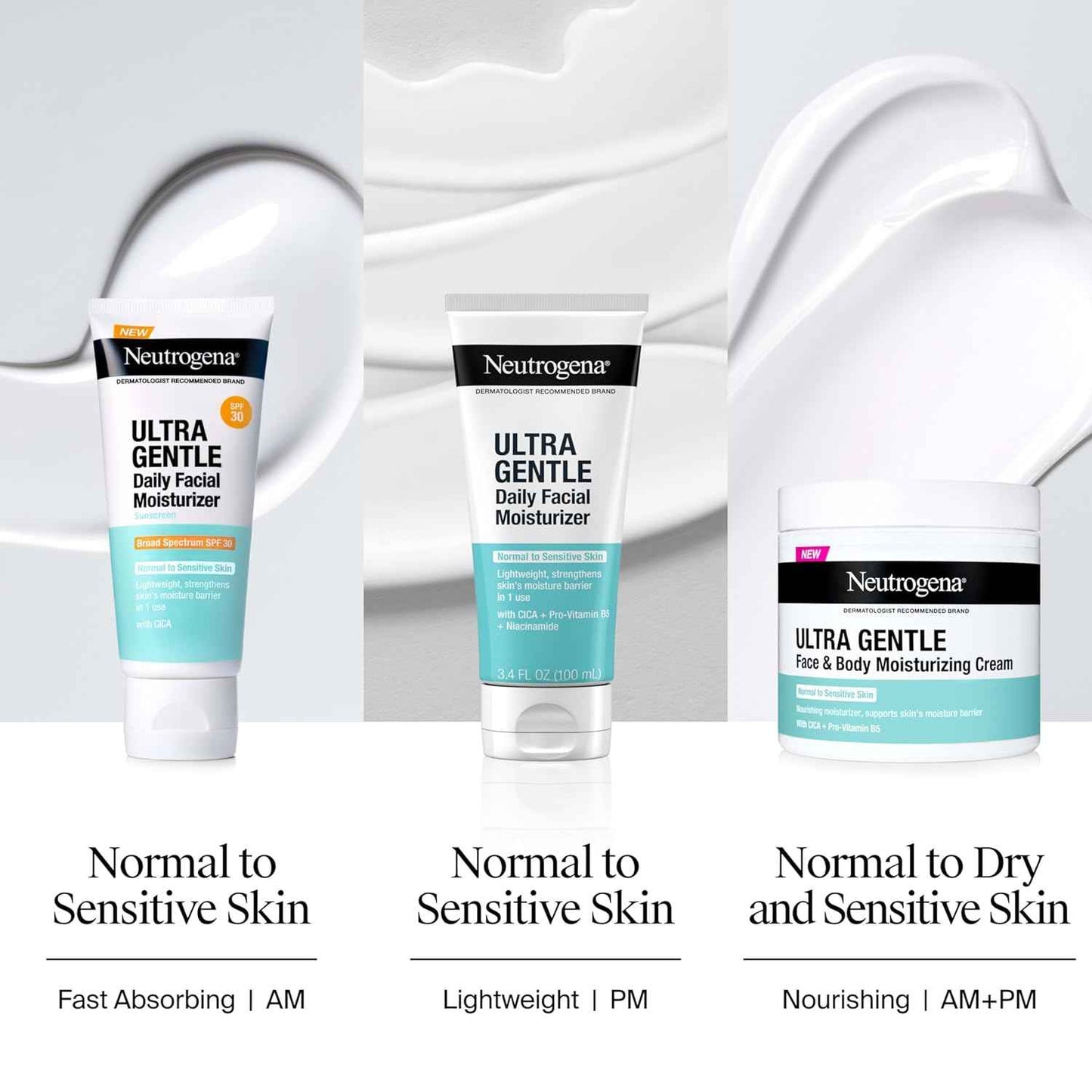 Neutrogena Ultra Gentle Daily Facial Moisturizer with SPF 30 Sunscreen with CICA, Lightweight Face Lotion with Broad Spectrum SPF 30 for Normal to Sensitive Skin, Fragrance-Free, 3.4 fl. oz