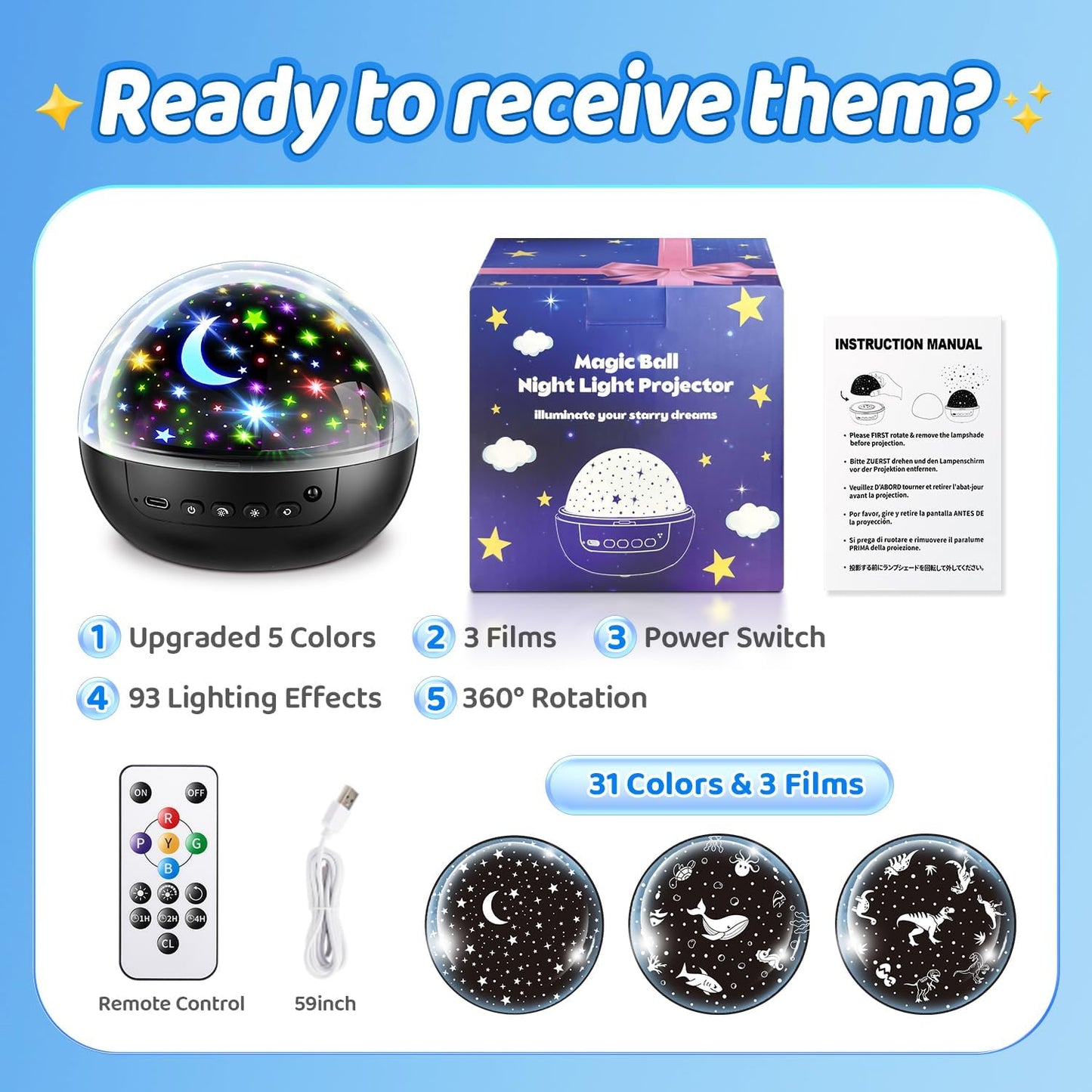 COOLNIGHT_Night_Light_for_Kids,93_Lighting+3_Films_Kids_Night_Light_Projector,Remote+Dimmable_Star_Projector,360°_Ceiling_Stars_Glow_in_The_Dark_Stars,Christmas_Gifts_for_4_Year_Old_Boy_Birthday_Gift
