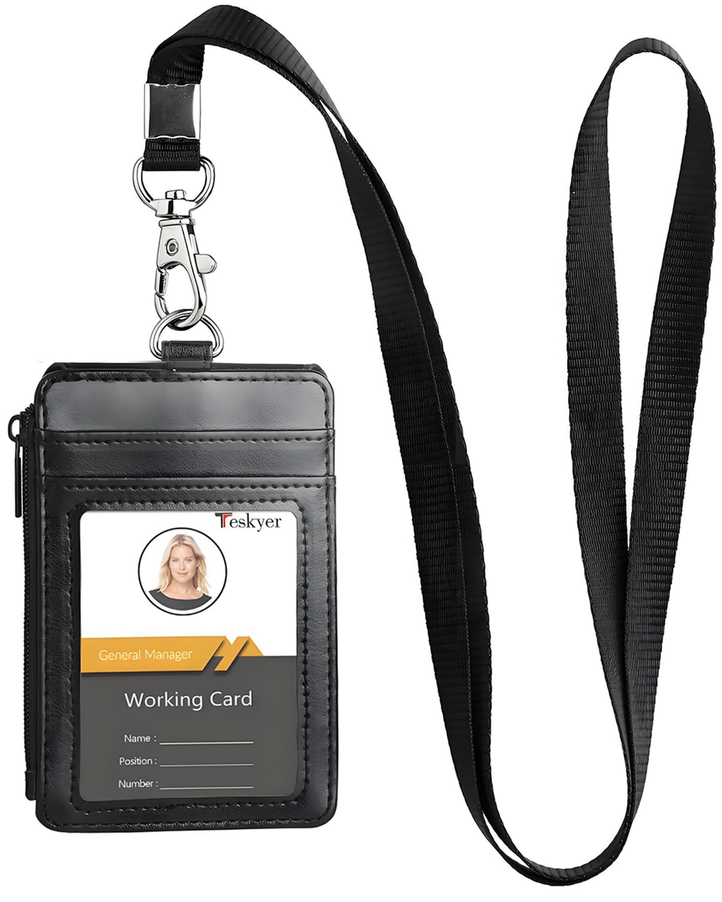 Teskyer ID Badge Holder with Lanyard, 1 Zip Pocket and 4 Card Slots, Lanyard ID Card Holder Wallet for Office School Work Badges, Cruise Ship Cards, Pass Cards - Black