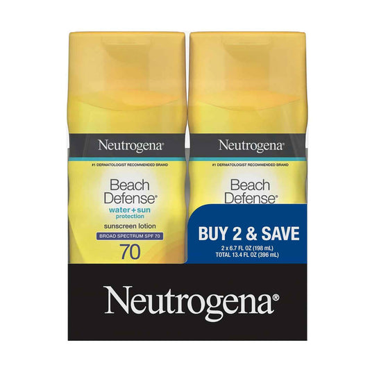 Neutrogena Sunscreen Lotion Beach Defense SPF 70, Face and Body Sunscreen, Hawaii Reef Act 104 Compliant, Octinoxate & Oxybenzone Free, Oil Free, Fast Absorbing Sun Care, 6.7 fl oz, Twin Pack