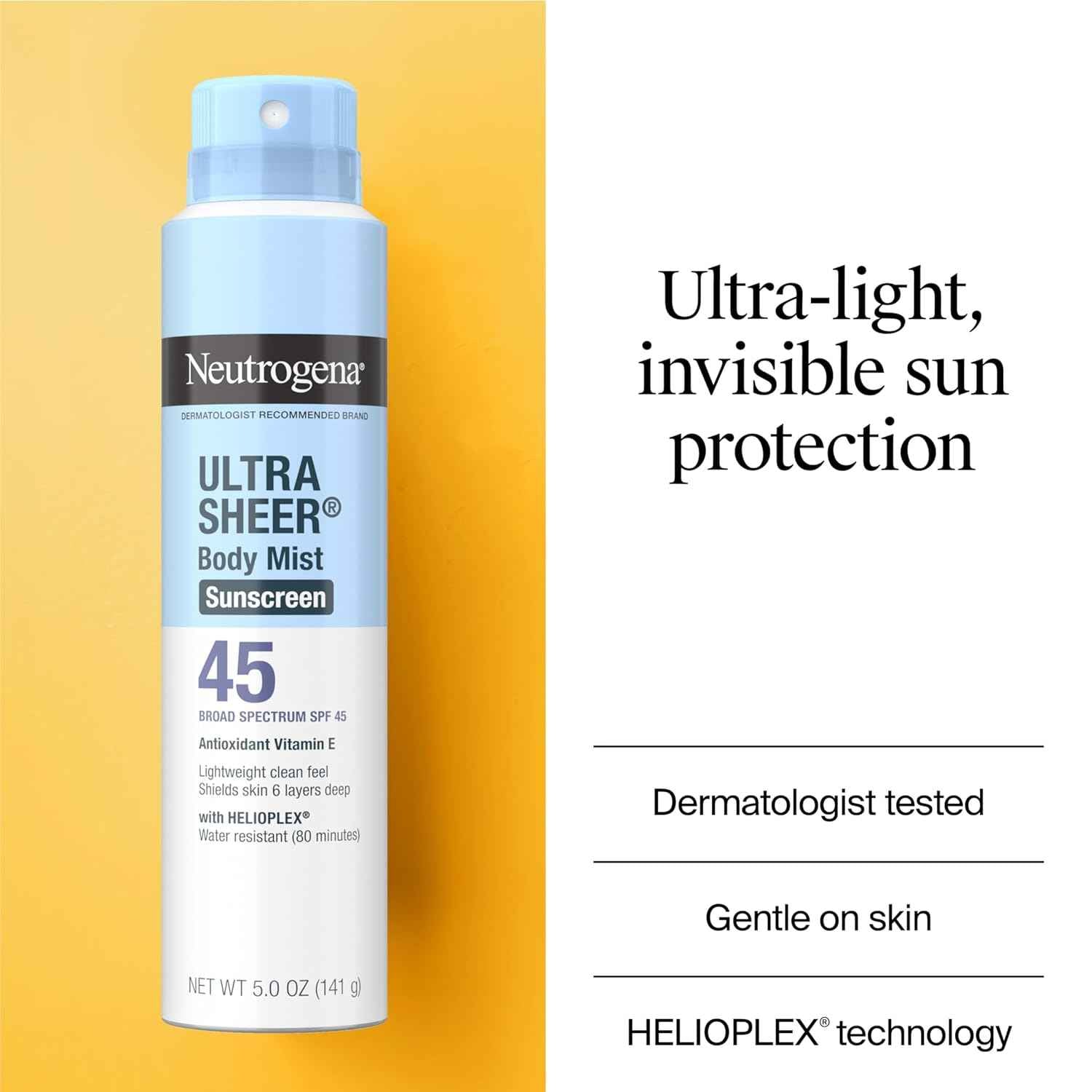 Neutrogena Ultra Sheer Sunscreen Spray SPF 45 Body Mist, Lightweight Non-Greasy Broad Spectrum UVA/UVB Protection, Oil-Free & Non-Comedogenic Water Resistant Spray Sunscreen (80 min), Pack of 3, 5 oz