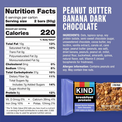 KIND_Breakfast_Protein_Bars,_Peanut_Butter_Banana_Dark_Chocolate,_Gluten_Free,_Low_Sodium,_Healthy_Snacks,_8g_Protein,_30_Count_(30_Packs_of_2_Bars)