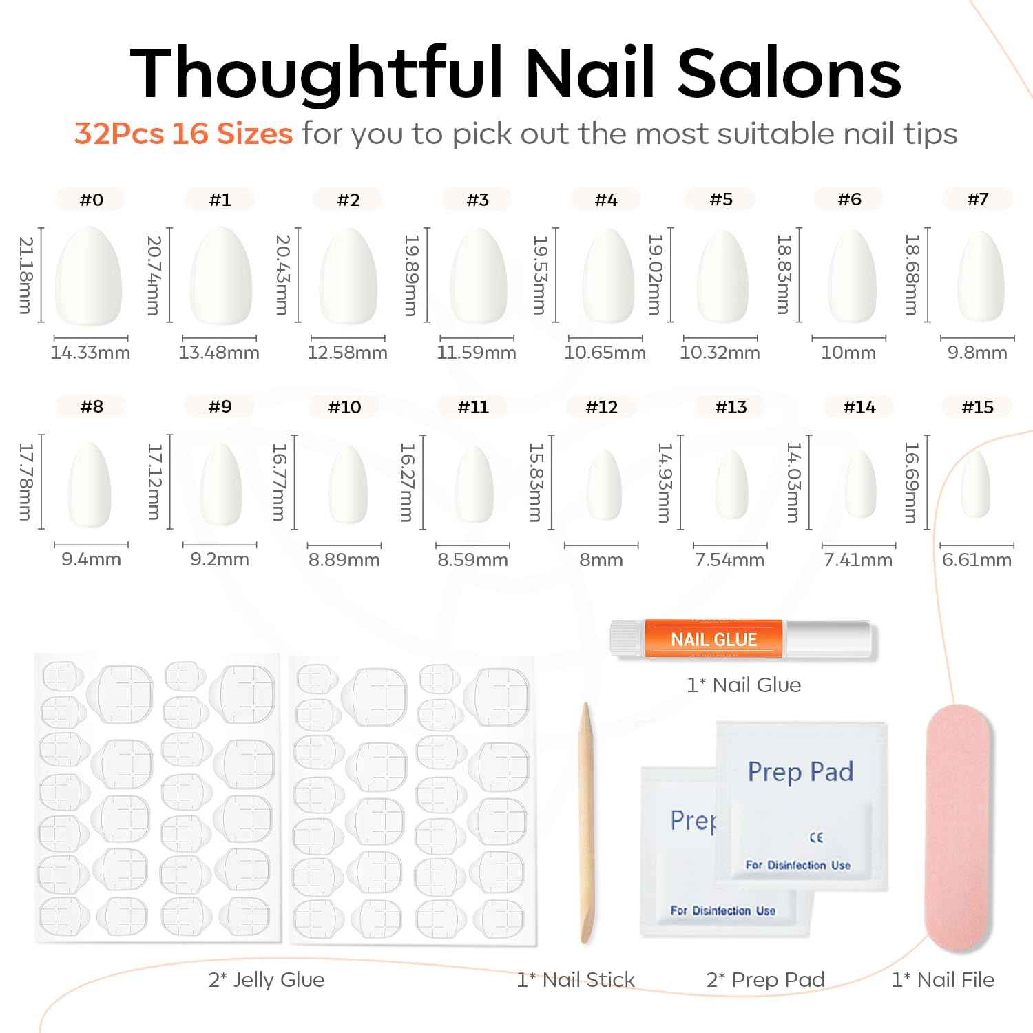 Modelones  Press on Nails Almond, Summer Short Fake Nails, Reusable Nail Kit with Nail Glue Adhesive Tabs Mini Nail File, Nails Press Ons 32Pcs 16 Sizes, Women Girl Gift