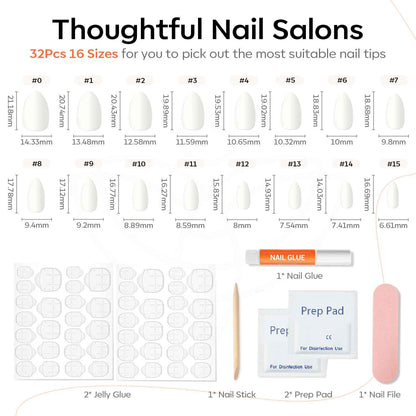 Modelones  Press on Nails Almond, Summer Short Fake Nails, Reusable Nail Kit with Nail Glue Adhesive Tabs Mini Nail File, Nails Press Ons 32Pcs 16 Sizes, Women Girl Gift
