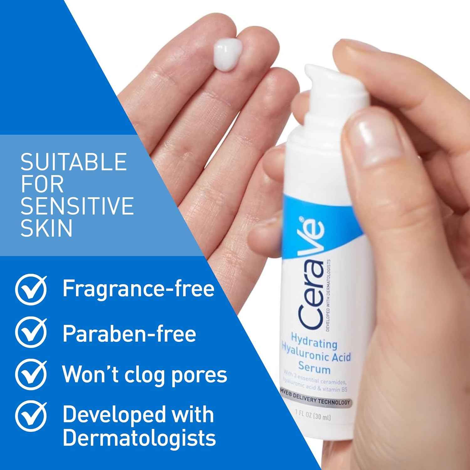 Cerave Hyaluronic Acid Serum for Face with Vitamin B5 and Ceramides, Hydrating Face Serum for Dry Skin, Fragrance Free, 1 Ounce