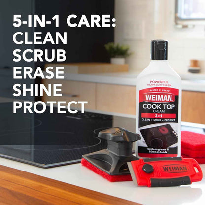 Weiman Glass & Ceramic Cooktop, Stove Top & Oven Cleaner Kit – Kitchen Cleaner Cream, 3 Scrubbing Pads & Scraper for Burnt-On Food & Grease, Clean Shine - Safe for Induction, Electric & Gas Cooktops