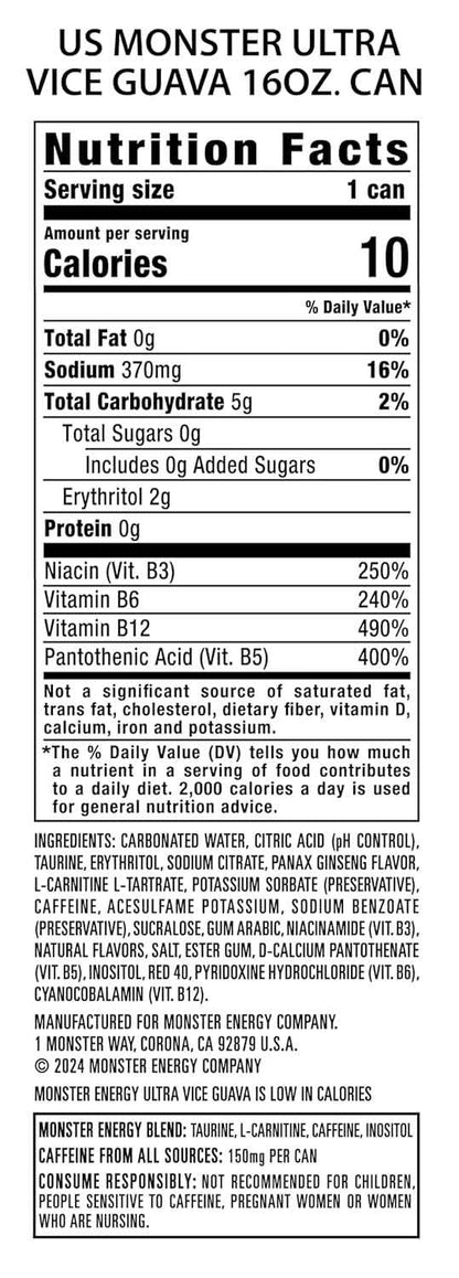 Monster Energy Ultra Vice Guava, Sugar Free Energy Drink, 16 Ounce (Pack of 15) | Pack of 15