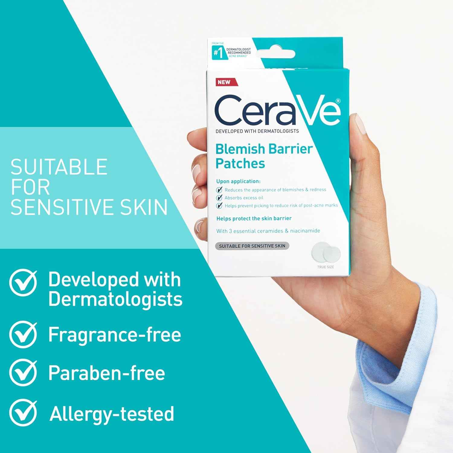 CeraVe Blemish Barrier Patches for Acne-Prone & Sensitive Skin, Hydrocolloid Pimple Patches with Ceramides & Niacinamide, Ultra-Thin, Oil-Absorbing, Blends with All Skin Tones, Allergy-Tested