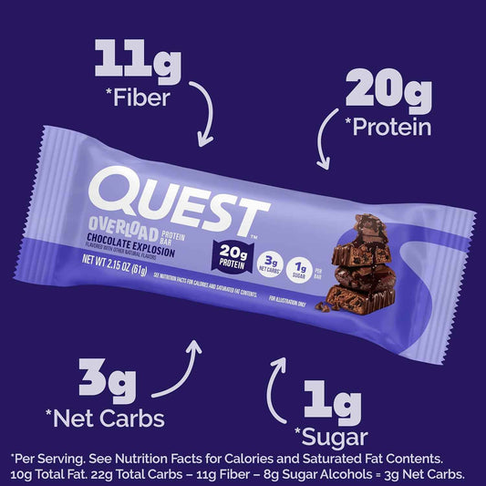 Quest Nutrition Overload Protein Bars, 20g Protein, 1g Sugar, 3g Net Carbs, Gluten Free, 12 Count