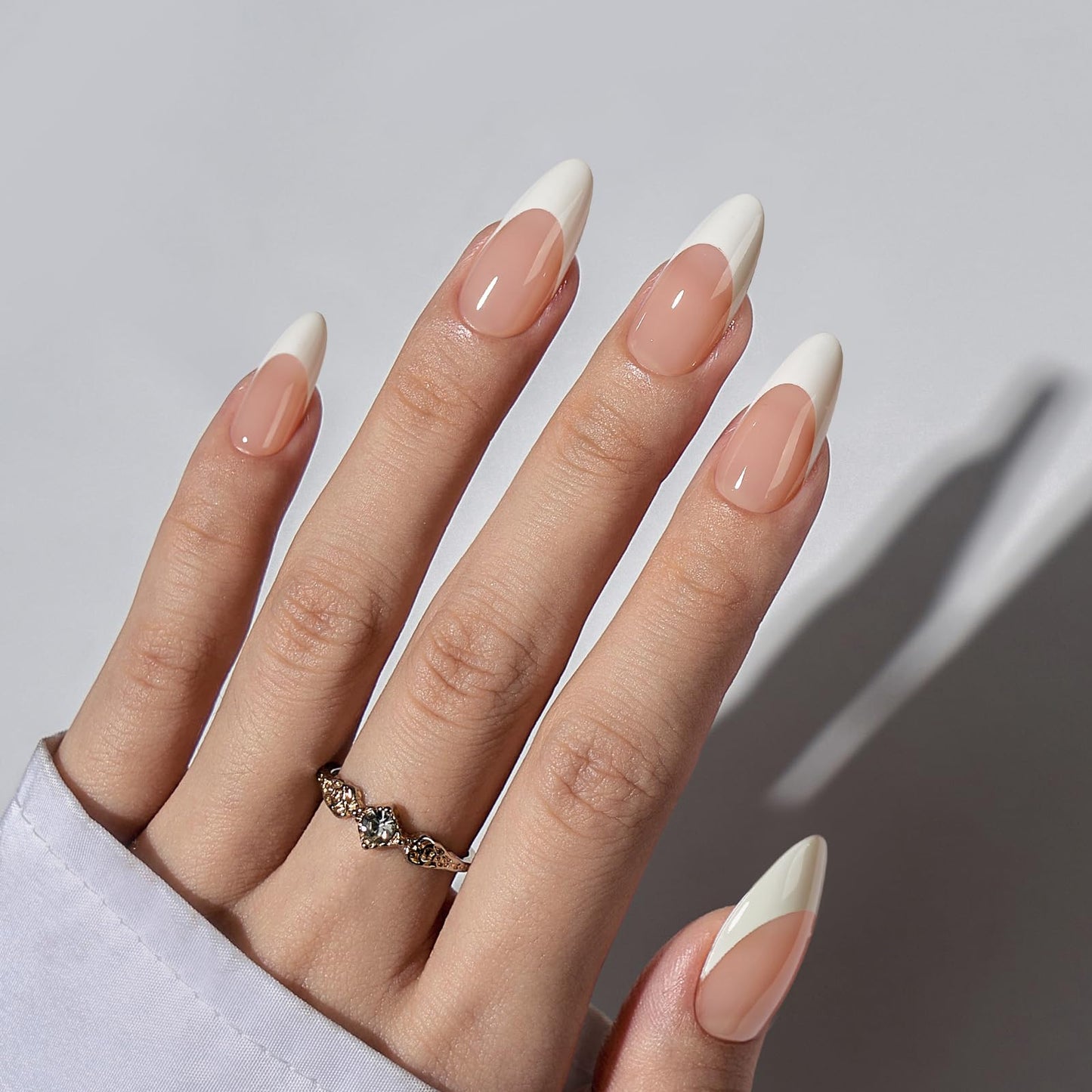 BTArtbox French Tip Press On Nails - Press On Nails Medium Almond, Natural Fake Nail with Nail Glue, Nude Glue On Nails in 15 Sizes - 30 Fake Nails Kit