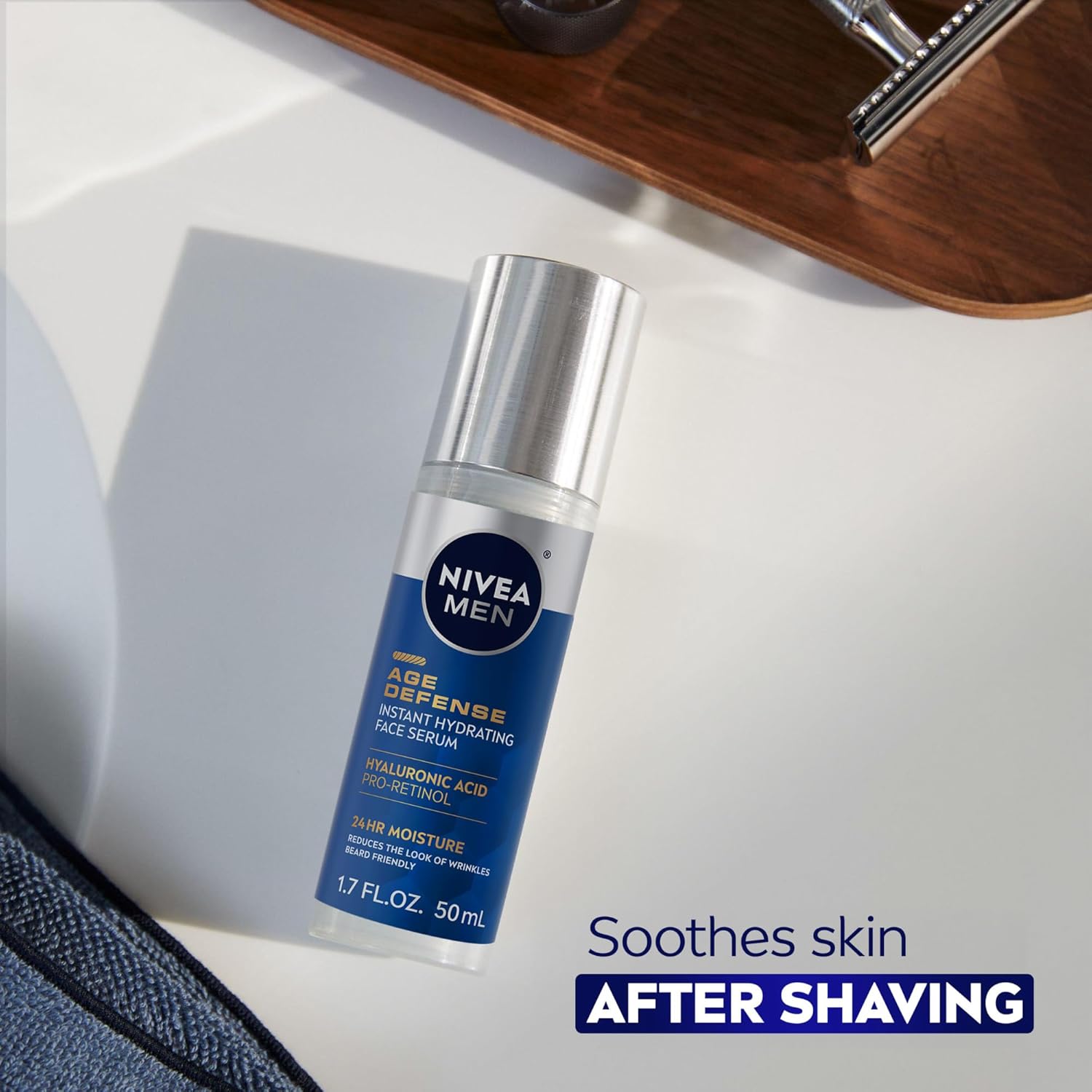 NIVEA_MEN_Age_Defense_Instant_Hydrating_Face_Serum_for_Dry_Skin,_With_Pro-Retinol_and_Hyaluronic_Acid,_Facial_Serum_Helps_Reduce_Look_of_Fine_Lines_and_Wrinkles,_1.7_Fl_Oz_Bottle