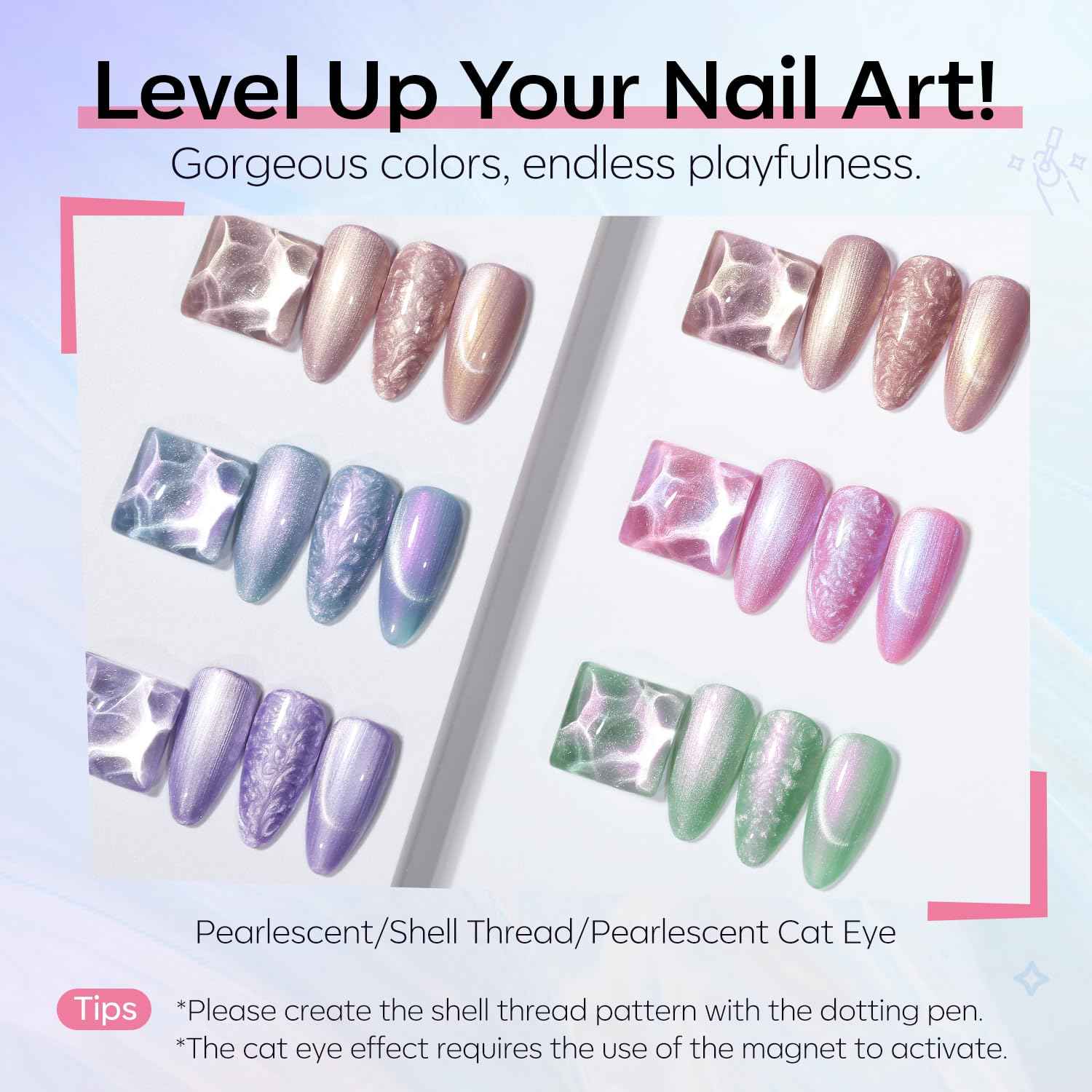 modelones Cat Eye Gel Nail Polish, 6 Colors Shimmer Pearl Magnetic Nail Drawing Set with Magnet, Iridescent Mermaid Swirl Shell Thread Purple Pink Blue Glitter, DIY Manicure Gift for Women Girl