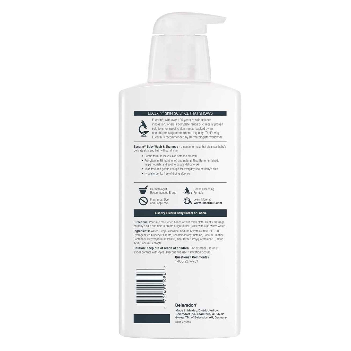 Eucerin Baby Unscented Baby Shampoo and Body Wash, Hypoallergenic, Tear Free Shampoo and Wash with Pro-Vitamin B5 and Shea Butter, 13.5 Fl Oz Bottle 3 pack