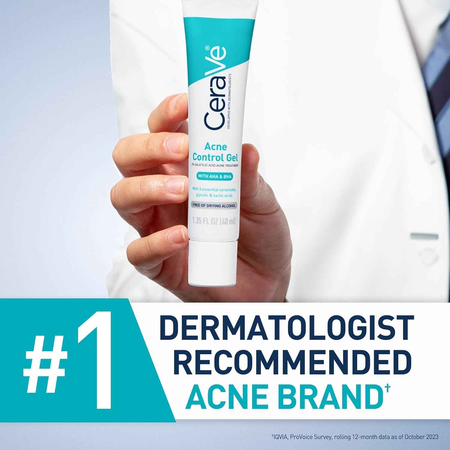 CeraVe Acne Control Gel, 2% Salicylic Acid Treatment With Glycolic Acid + Lactic Acids + Niacniamide, Acne Gel Helps Clear Blemishes Without Over Drying, Alcohol Free & Oil Free, 1.35 Fl Oz