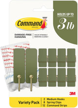 Command Mixed Hooks Pack, 10 Sage Hooks, 12 Strips (2 Medium Hooks, 8 Spring Clips), Wall Hooks for Hanging Christmas Decorations