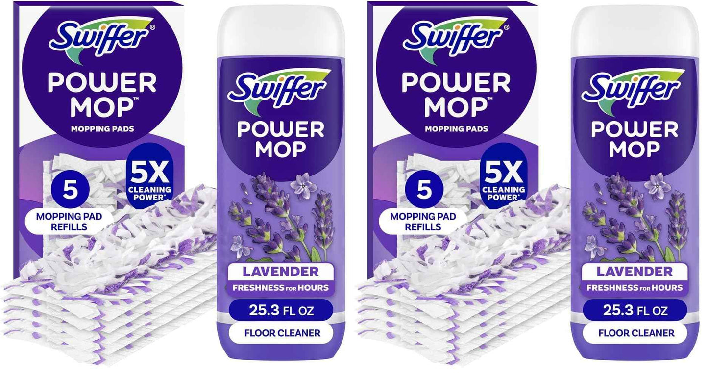 Swiffer Power Mop Refill Pack, Floor Cleaner for Mopping Tile, Vinyl, Laminate, Wood in Home, Bathroom, Kitchen, All Purpose Multi-Surface Cleaning, 5 Pads + 1 Lavender Solution