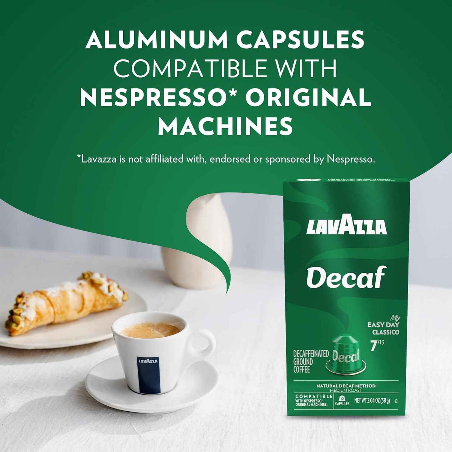 Lavazza Espresso Maestro Decaf (DEK) Aluminum Capsules Compatible with Nespresso* Original Machines, Medium Espresso Roast, Arabica and Robusta Blend