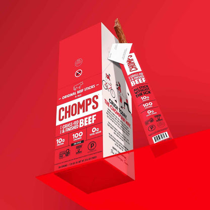Chomps Grass-Fed and Finished Jerky Snack Sticks 24-Pack, Keto, Paleo, Whole30, 10g Protein, Gluten-Free