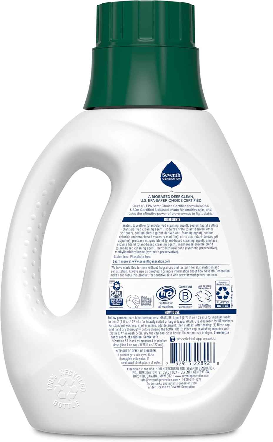 Seventh Generation Concentrated, No Dyes or Fragrance, Sensitive Skin Liquid Laundry Soap Targets Stains and Everyday Messes With Biobased Formula