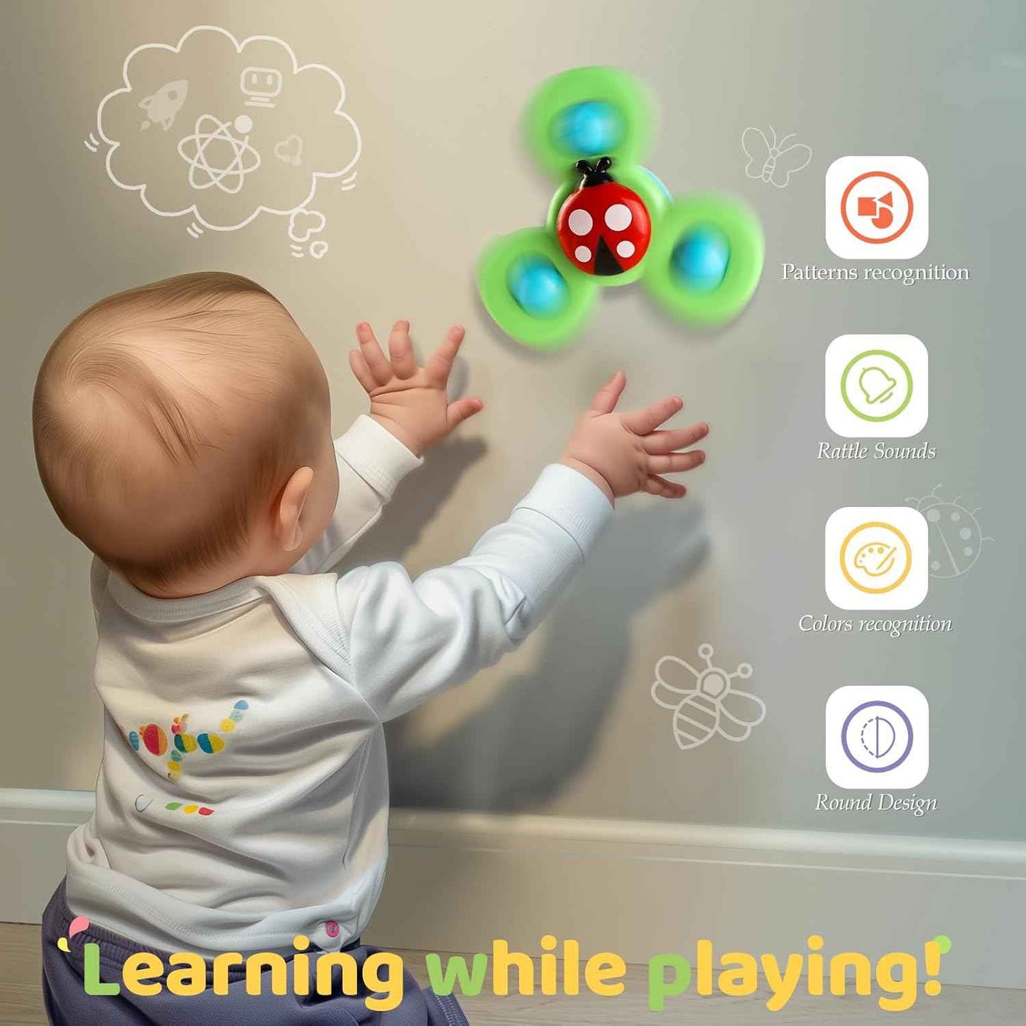 ALASOU 3PCS Suction Cup Spinner Toys for 1 2 Year Old Boy Girl Birthday Gift|Spinning Top Baby Bath Toy for Kids Ages 1-3|Sensory Airplane Travel Toy Easter Basket Stuffers for Toddlers Infant