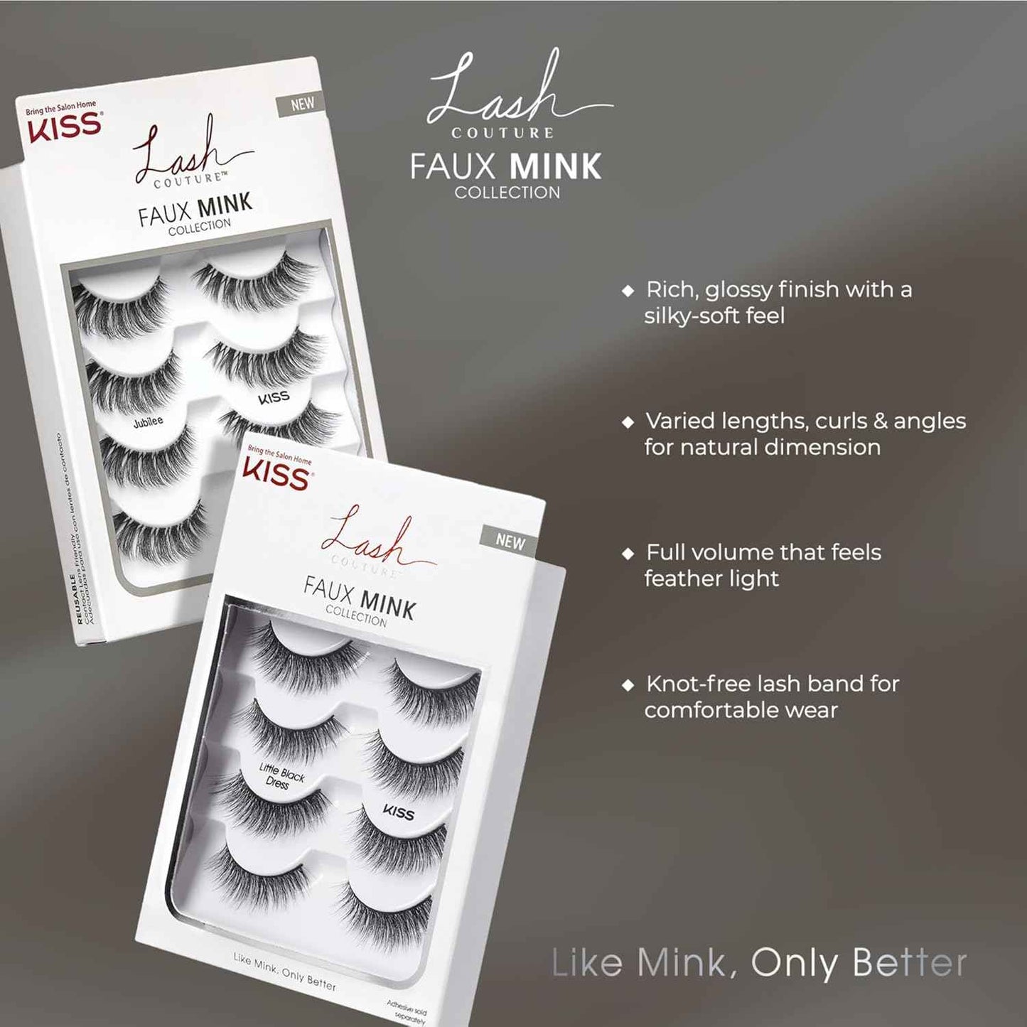 KISS Lash Couture Faux Mink False Eyelashes Multipack, 12mm, Multiple Lengths, Reusable, Cruelty Free, Vegan, Exclusive knot-free lash band, 4 Pairs