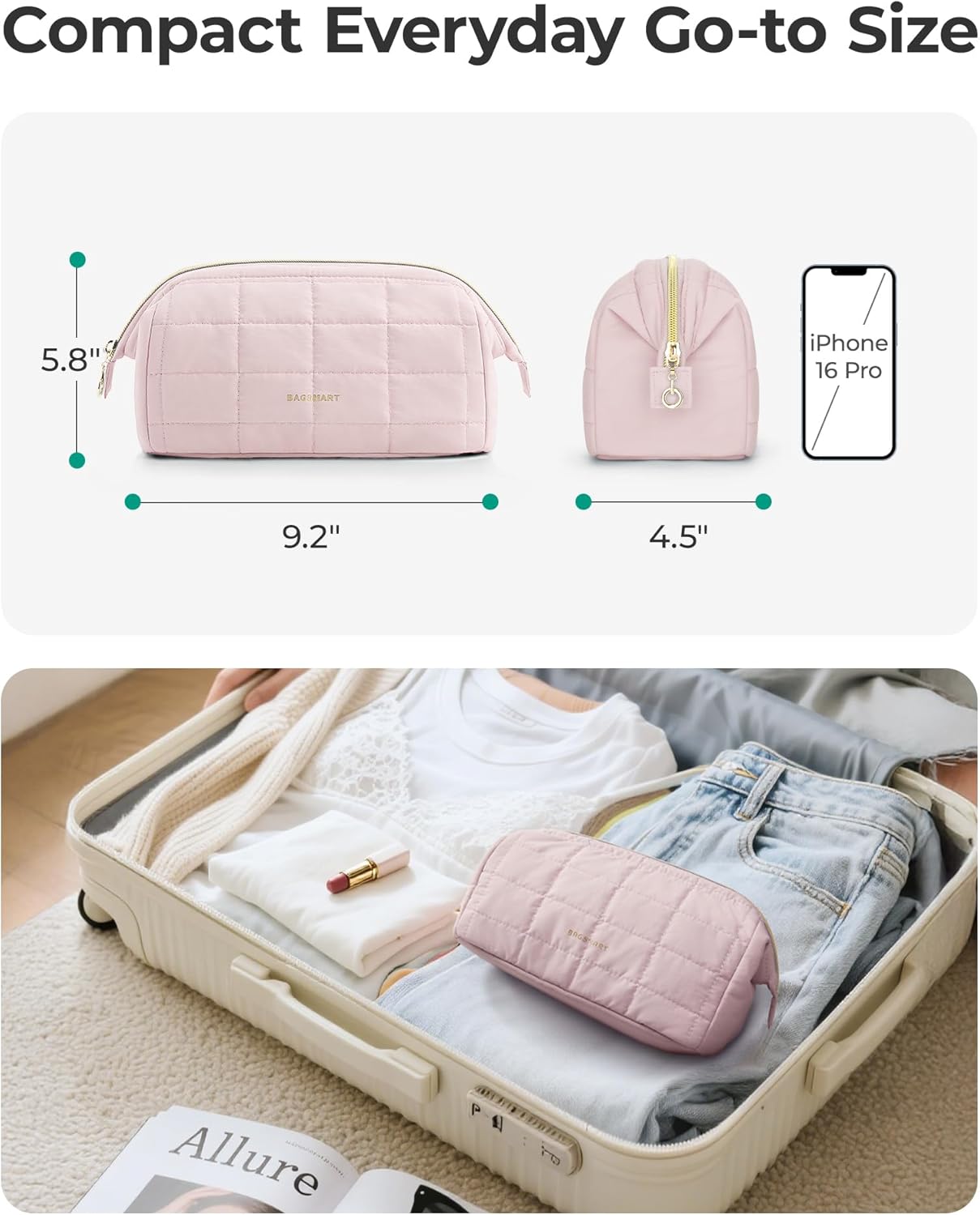 BAGSMART_Makeup_Bag_Travel_Toiletry_Bag,_Puffy_Padded_Make_Up_Bags_for_Women_Makeup_Organizer_Case,_Wide-open_Pouch_Purse_Travel_Essentials_Toiletries_Accessories_Brushes,_Pink