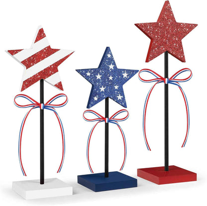4th of July Tiered Tray Decor Wooden Star Set, 3 Pcs Memorial Day Table Decorations, Rustic Patriotic Tabletop Home Decor, Red White and Blue Decorations for Home