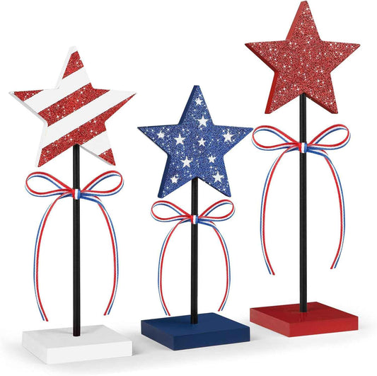 4th of July Tiered Tray Decor Wooden Star Set, 3 Pcs Memorial Day Table Decorations, Rustic Patriotic Tabletop Home Decor, Red White and Blue Decorations for Home