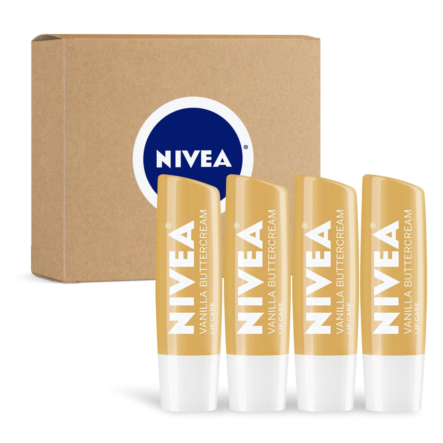 NIVEA Vanilla Buttercream Lip Care, Moisturizing Lip Balm with Shea Butter, Nourishing Oils and Vitamin C &amp;amp; E, 3-in-1 Moisture, Repair and Nourish, 0.17 Oz Stick, Pack of 4
