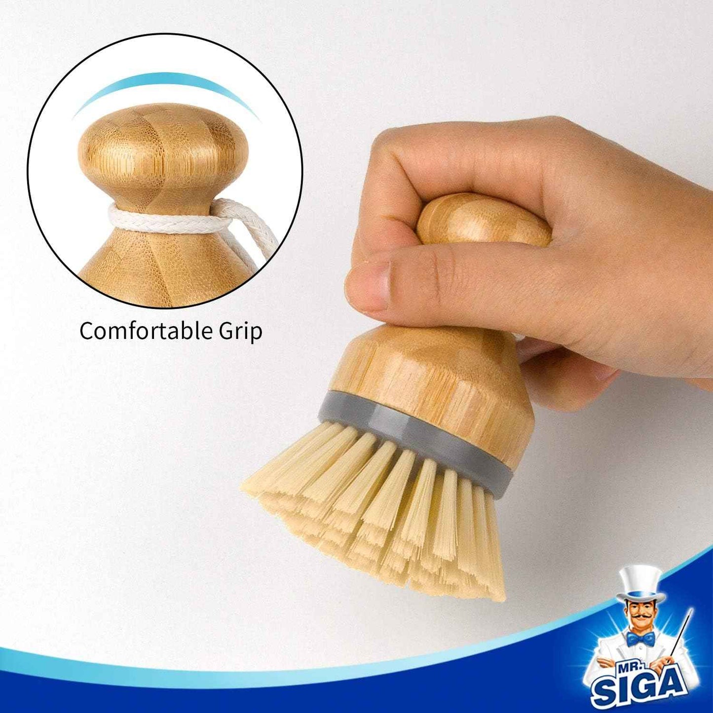 MR.SIGA Bamboo Palm Brush, Scrub Brush for Dishes Pots Pans Kitchen Sink Cleaning, Pack of 2
