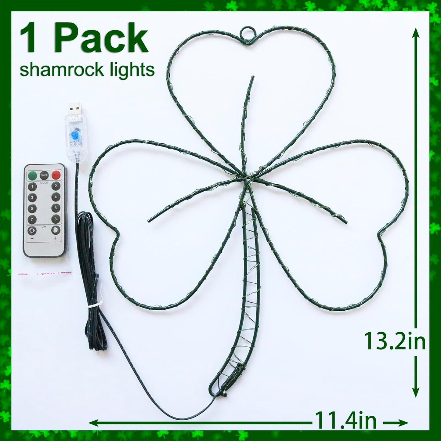 YAOZHOU_St_Patricks_Day_Decorations,Irish_Shamrock_LED_Window_Lights,13.2IN_58LED_Green_Iron_Frame_Silhouette_Clover_Lights,_USB_Powered_Remote_Control,_Wall_Indoor_Party_Favors_Accessories_(1PACK)