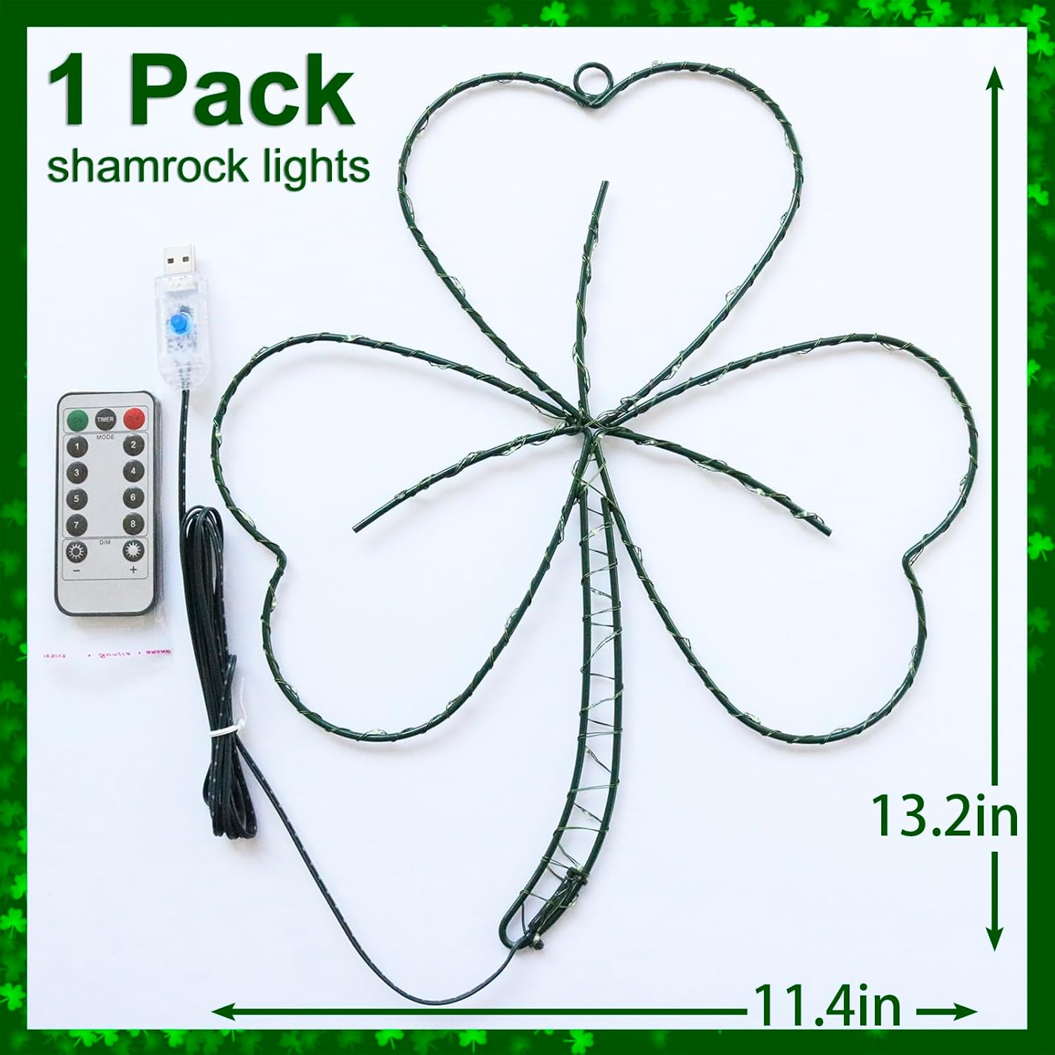 YAOZHOU_St_Patricks_Day_Decorations,Irish_Shamrock_LED_Window_Lights,13.2IN_58LED_Green_Iron_Frame_Silhouette_Clover_Lights,_USB_Powered_Remote_Control,_Wall_Indoor_Party_Favors_Accessories_(1PACK)