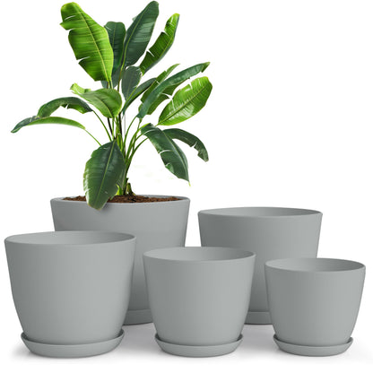 Utopia Home - Plant Pots Indoor with Drainage - 7/6.6/6/5.3/4.8 Inches Flower Pots for Indoor Planter - 5 Pack Plastic Planters - Ideal for Stocking Stuffers or Home Christmas Decorations - Gray