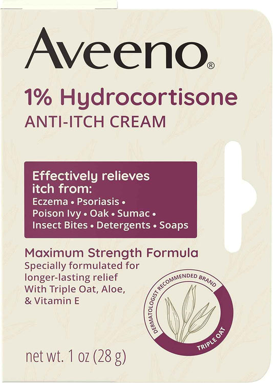 Aveeno Maximum Strength 1% Hydrocortisone Anti-Itch Cream, Triple Oat, Aloe & Vitamin E For Itch Relief From Eczema, Psoriasis, Insect Bites, Poison Ivy, Oak & Sumac & Detergents, 1 oz