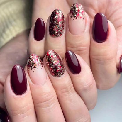 Red Oval Press on Nails Short Fake Nails Glitter False Nails with Designs Almond Acrylic Nails Press Ons Full Cover Artificial Glue on Nail Glossy Stick on Nail for Women and Girls Manicure 24Pcs