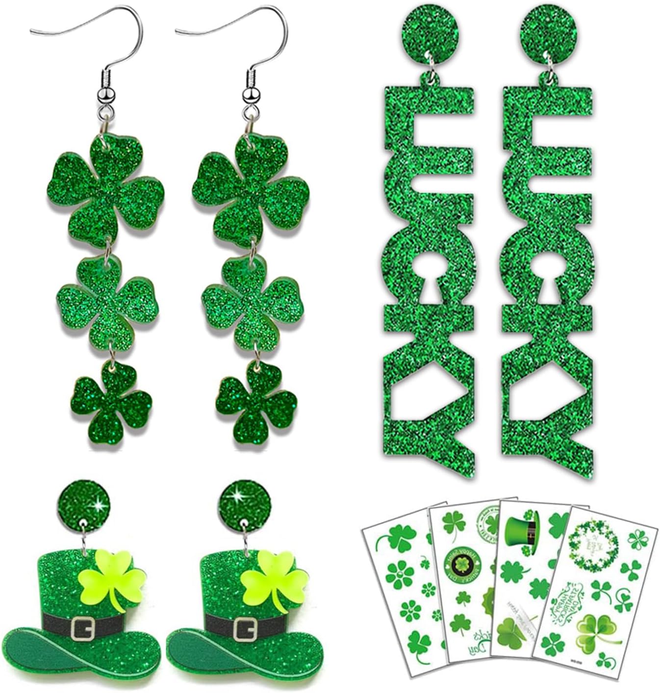 St_Patricks_Day_Earrings_&_Tattoos_for_Women,_3_Pairs_Irish_Earrings_+_Shamrock_Temporary_Tattoos_for_Irish_Festival_Party_Celebration,_Green_Saint_Patricks_Day_Shirt_&_Outfits_Accessories_for_Adults