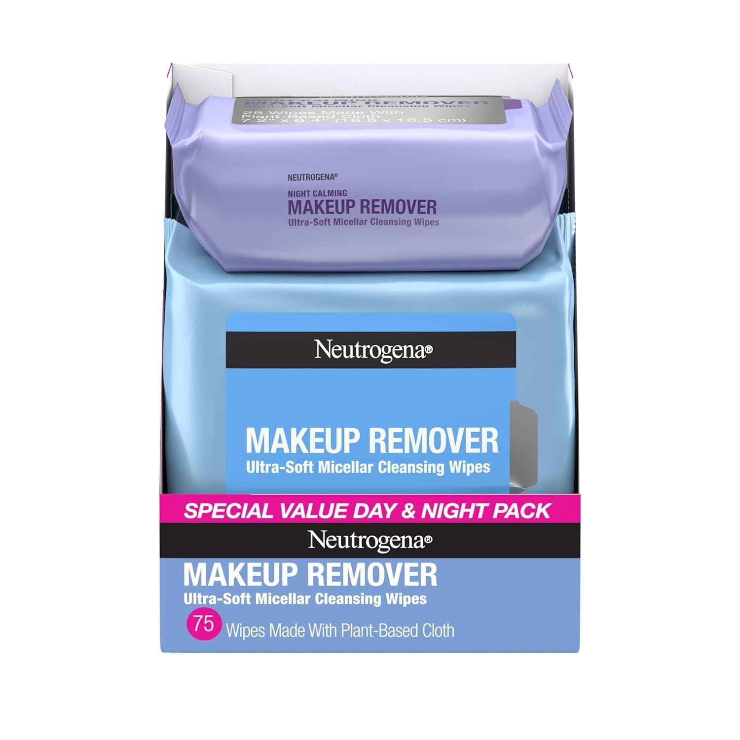 Neutrogena Day & Night Facial Cleansing Wipes, Makeup Remover Face Cleansing Towelettes & Night Calming Facial Cloths, 100% Plant Based Fibers Wipe Away Dirt & Oil, (3 Packs of 25)