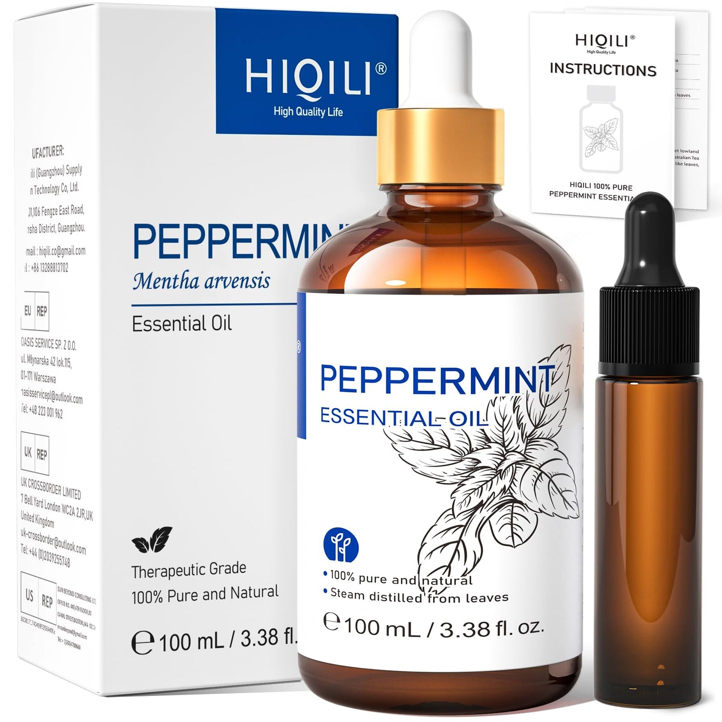 HIQILI Peppermint Essential Oil Add to Spray, Diffuser, Can Enjoy Air Freshening, Use in Kitchen, Bedroom, Office, Extra Free Travel Bottle - 3.38 Fl Oz/100 ML