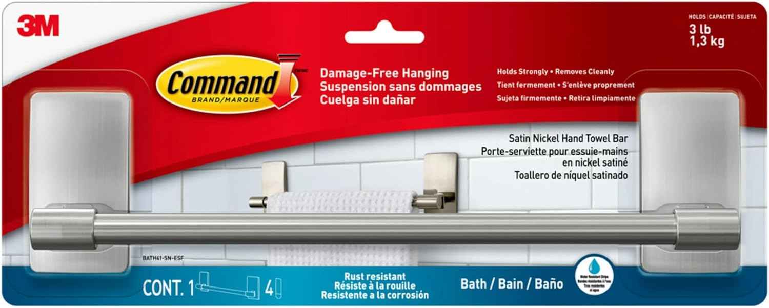 Command Hand Towel Bar Satin Nickel with 4 Water Resistant Command Strips, 9" Hand Towel Holder, Holds up to 3 lb, Great for Bathroom Décor on The Wall, Inside The Cabinet, or in The Shower