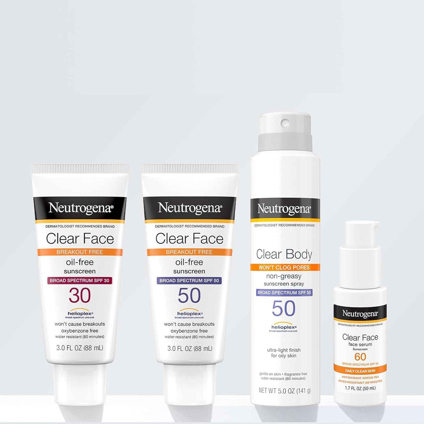 Neutrogena Clear Face Sunscreen for Acne-Prone Skin, Broad Spectrum Facial Sunscreen Lotion, Lightweight, Non Comedogenic, Oil-, Fragrance- & Oxybenzone-Free Water Resistant (80 min), 3 fl. oz